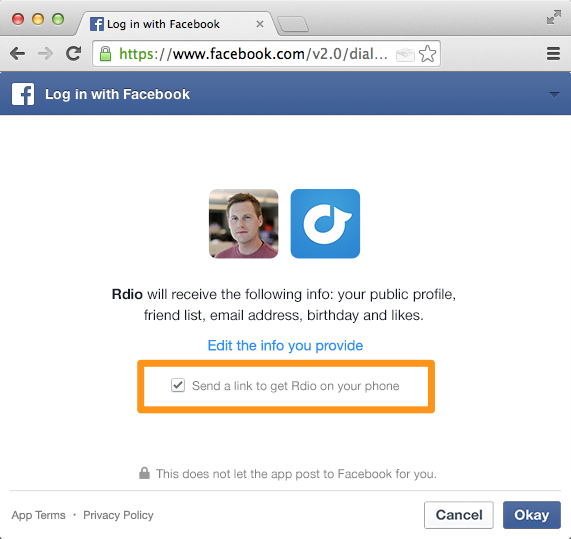 Send to mobile with facebook login