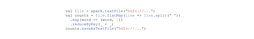 Spark으로 단어 개수를 카운트하는 간단한 예제 (Scala). MapReduce에 비해 훨씬 간단하다.
