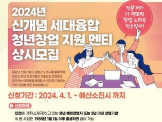 인천센터, ‘신개념 세대융합 청년창업 지원’ 참여 청년 창업자 모집